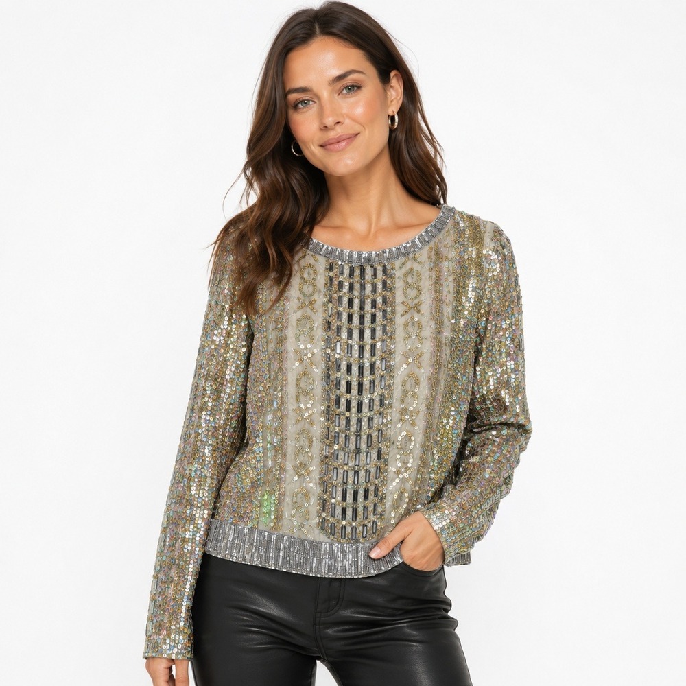 Boston Proper Sequin Beaded Blouse Womens M Gold Silver Glam Holiday Top‎